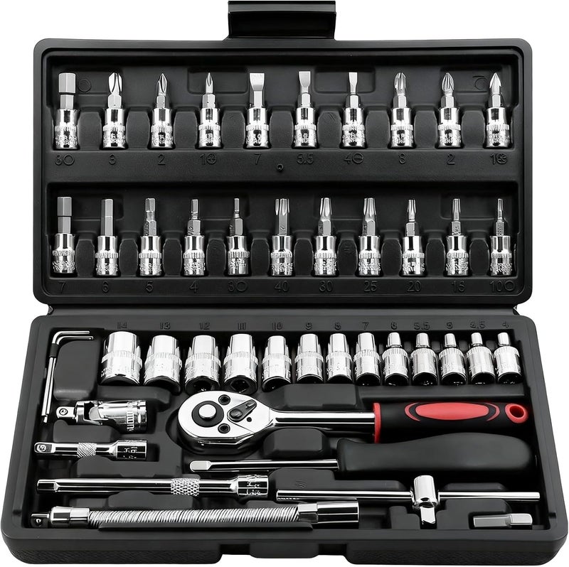 Egofine 46 Pieces 1/4 inch Drive Socket Ratchet Wrench Set, with Bit Socket Set Metric and Extension Bar for Auto Repairing and Household, with Black Storage Case - Image 1